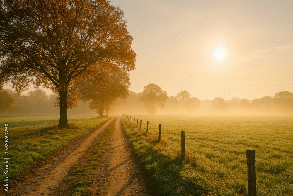 Fototapeta premium Autumn sunrise on a misty country road