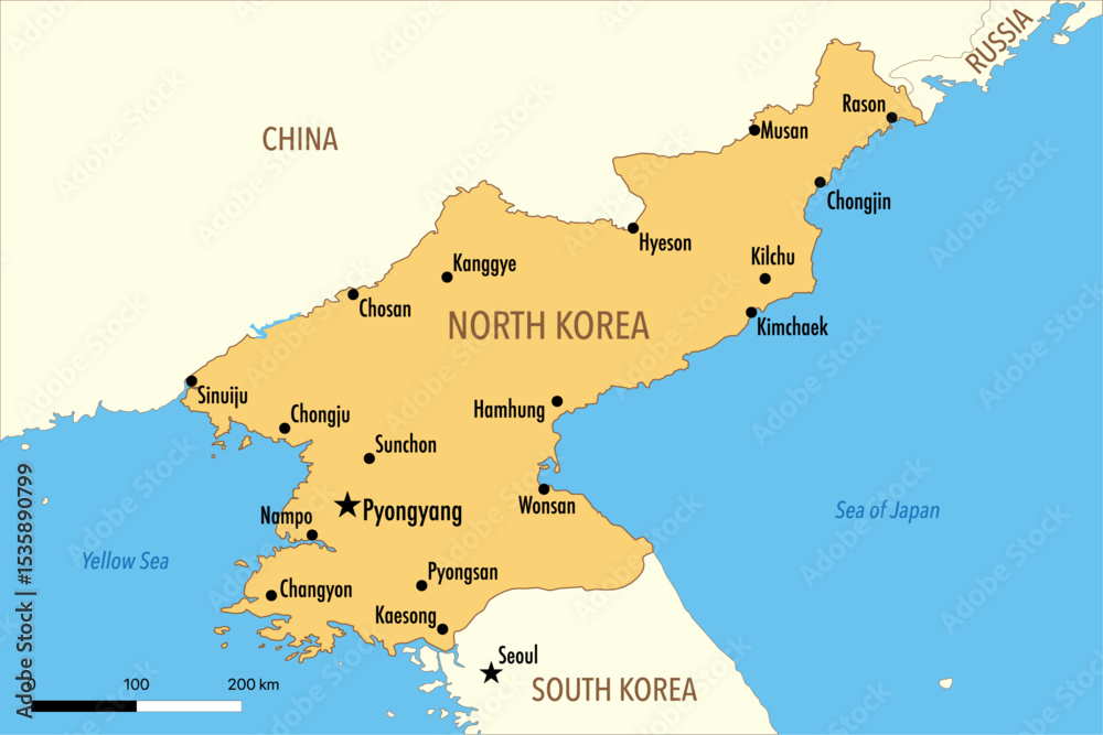 Obraz premium Vector Map of North Korea with Major Cities and Neighboring Countries – Editable Illustration