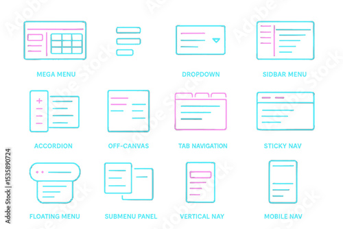 Neon ui icons for web design: mega menu, dropdown, navigation
