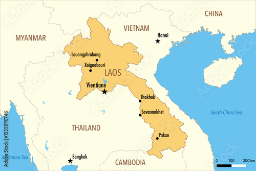Vector Map of Laos with Major Cities and Neighboring Countries – Editable Illustration