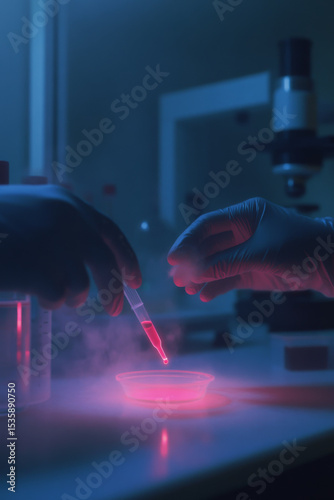 Close-up of a scientific experiment where a gloved hand drops blue liquid into a cup