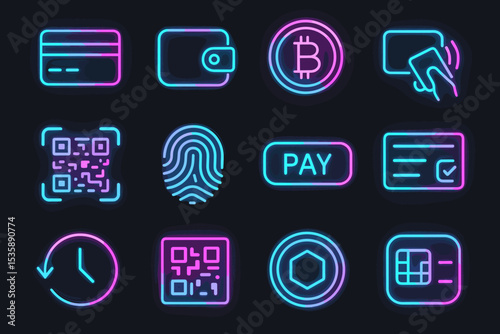 Glowing neon payment icons: credit card, wallet, bitcoin, fingerprint, qr code