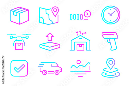 Neon icons of delivery and navigation with tech elements and map symbols