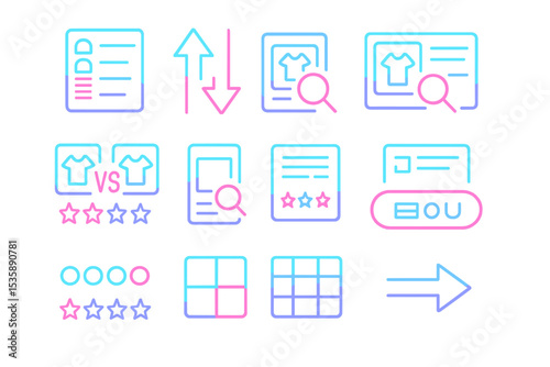 Neon icons featuring arrows, stars, shirts, grids, and search symbols