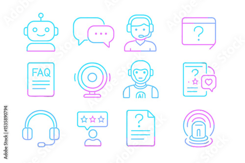Neon icons set: chatbot, support, faq, and security in glowing blue and pink