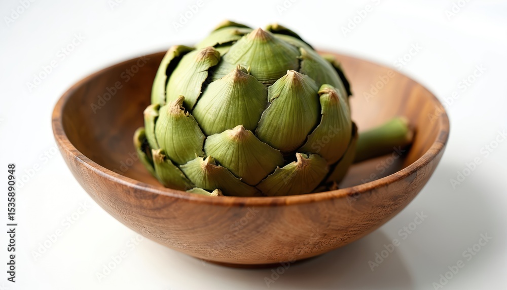 Obraz premium Fresh green artichoke in rustic wooden bowl against a white background. Healthy organic food. Vegetarian ingredient, culinary art, recipe book element. Healthy lifestyle, diet, nutrition.