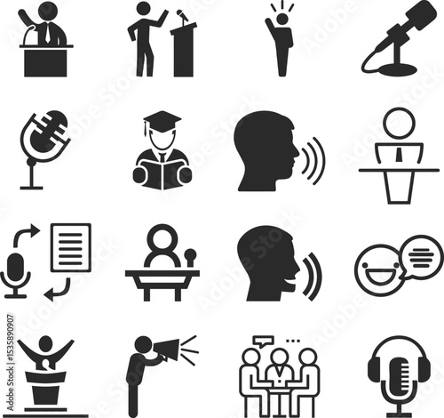 Speaking set of web icons in line style. Communication icons for web and mobile app. Containing people, communication, talking, discussion, speech bubble, team, support and more