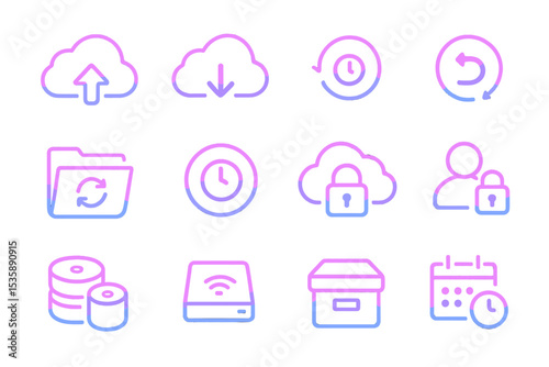 Glowing neon cloud storage and synchronization icons in blue and pink