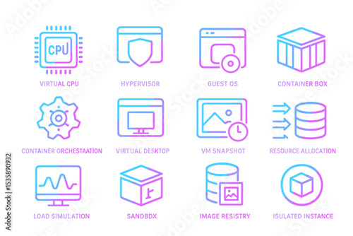 Neon tech icons: virtual cpu, hypervisor, vm snapshot, resource allocation