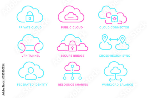 Neon icons illustrating cloud technology concepts in blue and pink