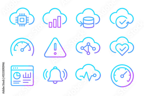 Neon cloud and technology icons on digital futuristic background