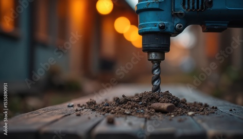 Close-up of drilling machine in action on wood. Rotary drill bit creates hole. Construction equipment, workshop repair. Dust, sawdust, particles around. Craft, build, create, fix, mechanical process.