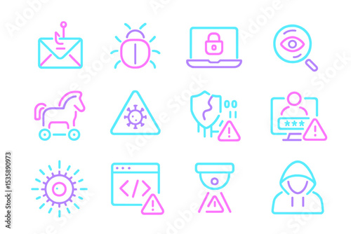 Neon cybersecurity icons highlighting digital threats and protection measures