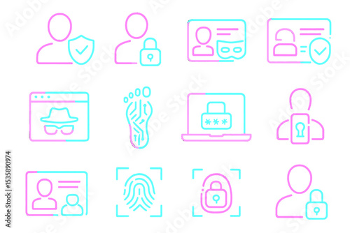 Neon icons representing cybersecurity and privacy concepts in vibrant colors