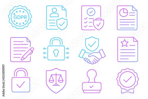 Neon data security icons including gdpr, lock, handshake, certification, shield