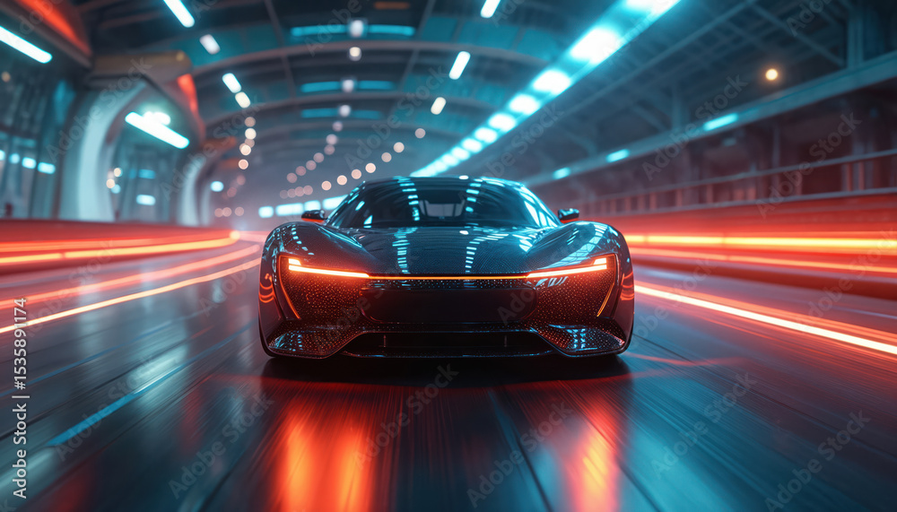 Naklejka premium Futuristic electric car travels on digital highway at night. Modern automobile with glowing lights. Tech innovation in progress. Cyber future, speed, fast motion.