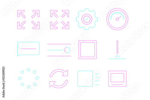 Neon tech icons: settings, speed, communication, process, update symbols