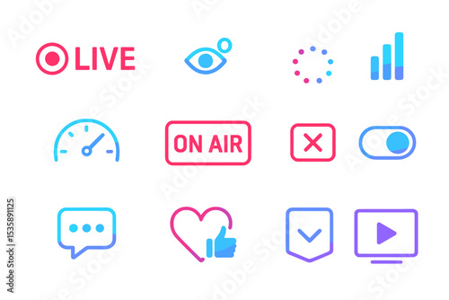 Neon icons of live streaming: symbols for online broadcast and social interaction