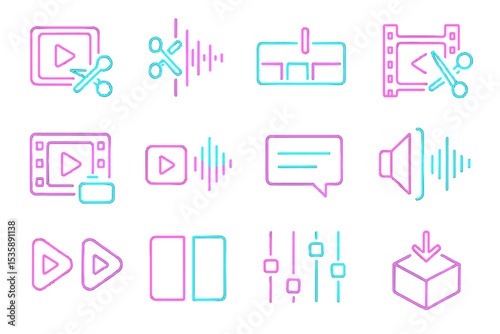 Neon icons for video and audio editing on black background
