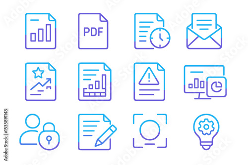 Neon icons of documents, charts, emails, and more on glowing background