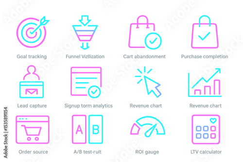 Neon icons on business metrics and analytics for e-commerce success