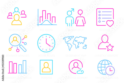 Neon icons for demographics and analysis in business and marketing