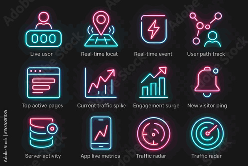Colorful neon ui icons for web analytics and tracking applications