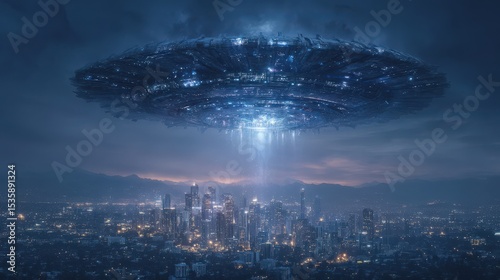 Mysterious UFO hovering over a city skyline at dusk.
