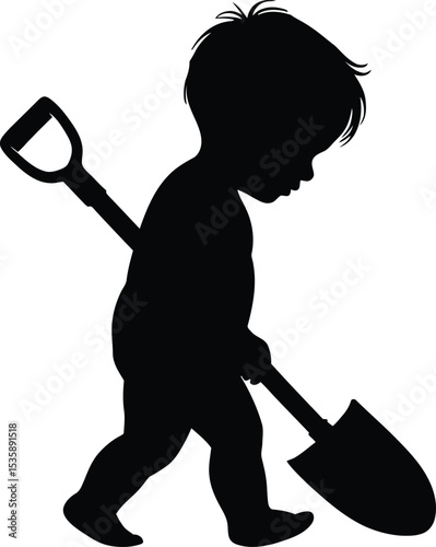 Silhouette of a young child carrying a shovel ready to play and dig in the dirt
