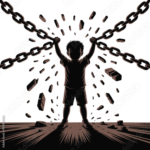 Silhouette of a young boy breaking chains achieving freedom determination and resilience