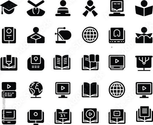 Set of educational icons depicting learning books graduation and online education concepts