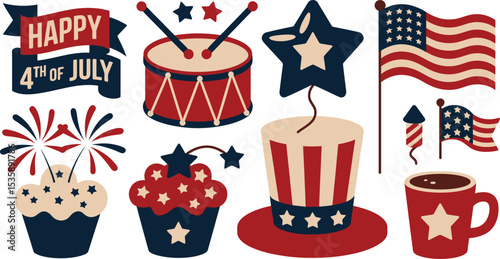 Patriotic vector illustration with independence day symbols in red white and blue colors
