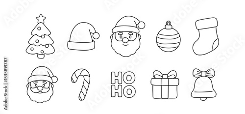 Whimsical Christmas vector icons featuring Santa, festive tree, and holiday gifts. Perfect for seasonal designs, digital greetings, and holiday projects.