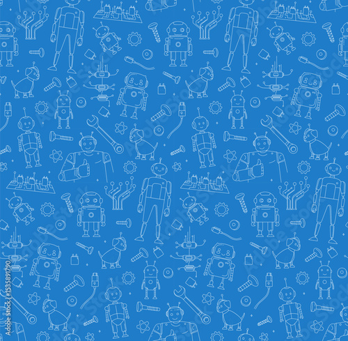 Seamless Doodle Pattern with Robots, Tools, and Microchips STEM and Engineering Theme