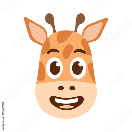 Funny Cheerful Giraffe Face with big Smile. Exotic spotted animal Head Laughing emoji style for avatars. African fauna. Cartoon color image for kids and zoo. Flat design. Isolated. Vector illustration