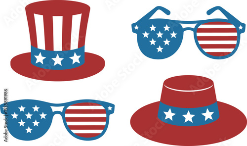 Patriotic american celebration featuring hats and sunglasses with usa flag elements