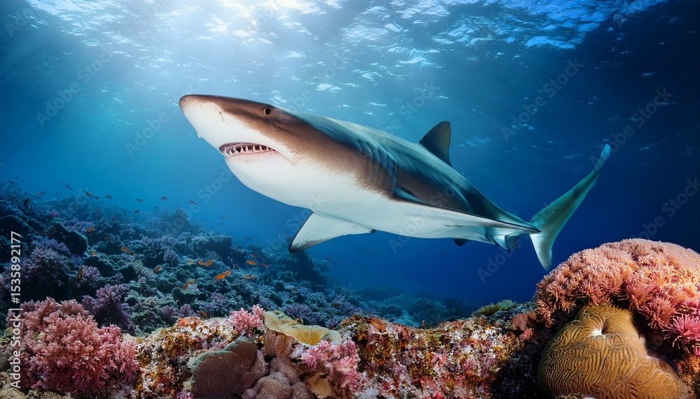 Fototapeta premium realistic shark swimming underwater with open mouth in coral reef