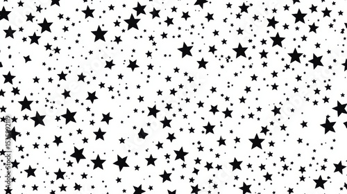 Seamless design of scattered black stars on a white backdrop, forming a geometric, abstract, monochrome lattice. Vector file