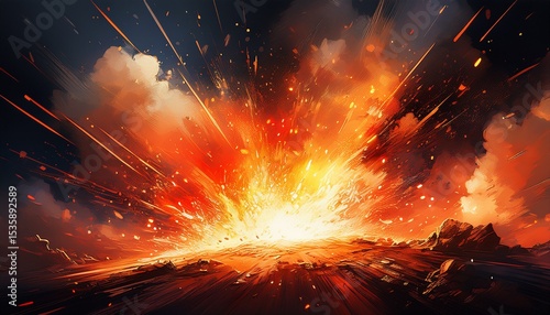 fiery explosion with flying sparks on a dark textured background symbolizing power and destruction perfect for action movie posters gaming backgrounds and dramatic visual effects