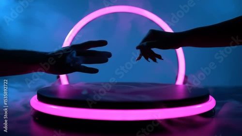 Hands Channeling Neon Energy Over Mystical Ring in Blue and Magenta Mist