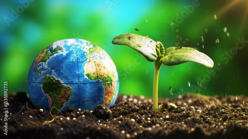 Earth globe and seedling growing in soil, symbolizing renewal and nature
