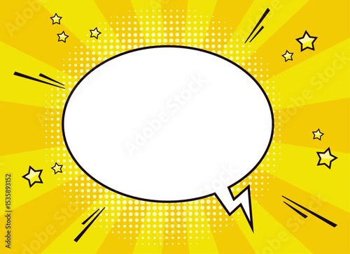 Blank comic speech bubble template for text in retro pop art style with halftone dots, stars, quotation marks and ray background. Vector illustration.
