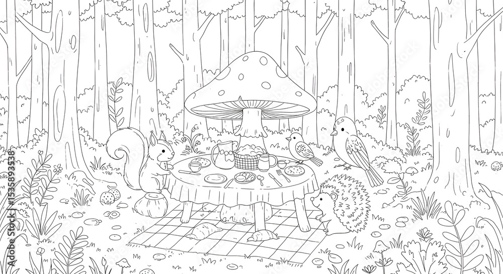 Obraz premium Whimsical Forest Picnic A Coloring Page Featuring Animals Under a Giant Mushroom