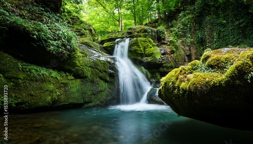 serene waterfall cascading down mossy rocks into a tranquil pool surrounded by lush green foliage