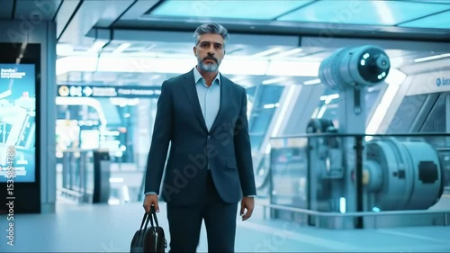 Mature Caucasian Male in Business Suit Walking Through Modern Futuristic Space                                 