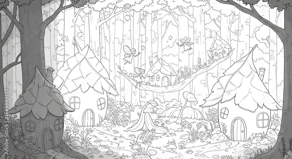 Fototapeta premium Whimsical Forest Village Illustration Enchanted Houses and Fairy Glade Line Art for Children's Story