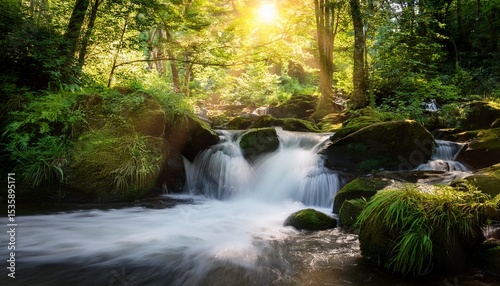 serene forest waterfall cascading over rocks sunlight filtering through leaves
