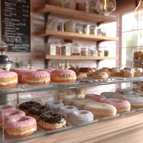 Donuts in a bakery display.
