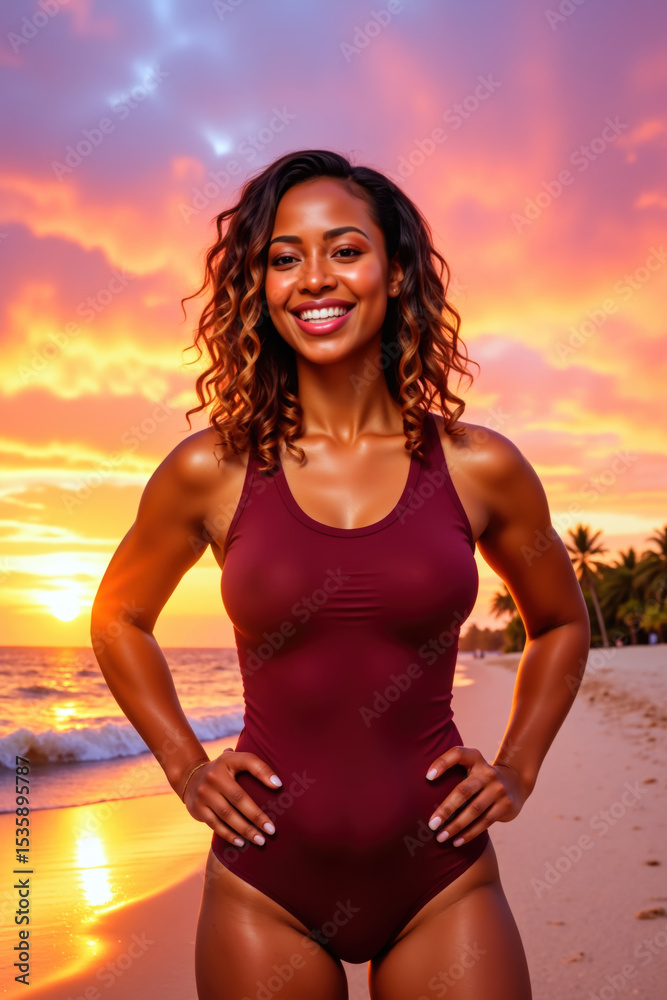 Fototapeta premium A radiant woman with curly hair, wearing a maroon swimsuit, showcasing an athletic figure and full breasts, with dark, glowing skin, smiles brightly against a stunning sunset.