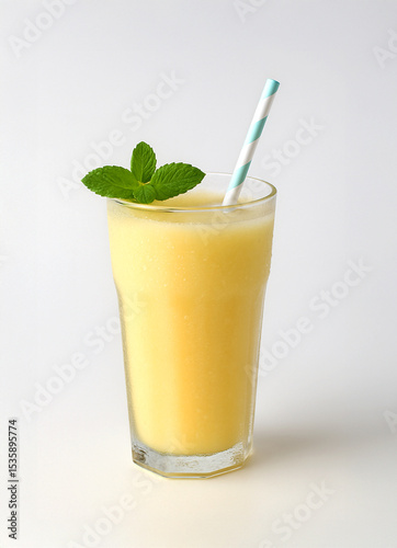 Wallpaper Mural Refreshing yellow melon smoothie in a tall glass with a mint sprig and striped paper straw. Isolated on a white background. Summer drink concept. Torontodigital.ca